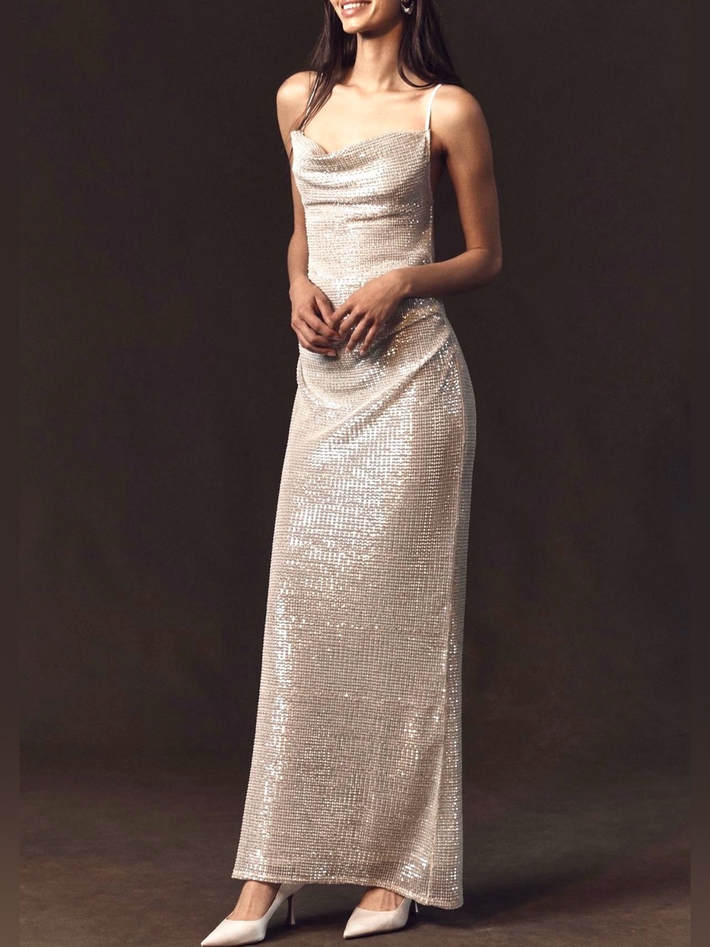 NWT Shona Joy x Anthropologie Primrose Double Cowl Silver Sequin Maxi Dress 0